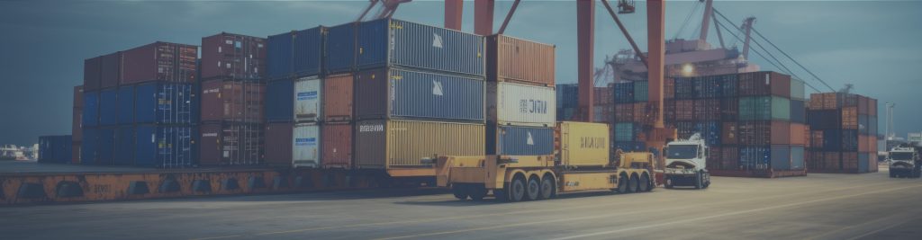 Contenedores y camión de carga en un terminal portuario